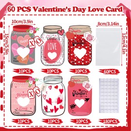 60Pack Valentines Cards for Kids,Mason Jar Happy Valentines Day Cards with 60Treat Bags DIY Valentine Exchange Cards for Boys Girls Toddler School Class Classroom Party Favors (Candy Not Included)