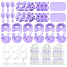 48 Pcs Purple Sleepover Party Supplies 6 Lovely Towel 6 Face Mask Mixing Bowl Set 6 Mirror 6 Headband 6 Scrunchies 6 Cleaning Sponge 6 Comb 6 Transparent Gift Bag for Spa Slumber Party Favors Supplies