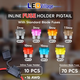 Ledvillage Pack of 10 Inline Fuse Holder 16AWG 1FT – Heavy Duty Automotive Blade Fuse Holder 2A/3A/5A/7.5A/10A/15A/20A Ideal for Car, Marine, Solar, and RV Applications (70 Fuses in Set)