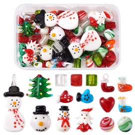 Craftdady 55pcs Mixed Xmas Lampwork Glass Bead s11 Styles Round Square Snowman Heart Tree Santa Claus Loose Beads for Bracelet Necklace Earring Jewelry Making