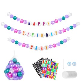 Giant Friendship Bracelet Garland with 50 plastic balls ,24 PCS Foam Circles for Crafts Kit, Create Vibrant Birthday/ Christmas Party Hangings with Star Shaped & Round Balls (Purple)