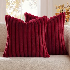 MIULEE Burgundy Throw Pillow Covers 20x20 Inch Set of 2 Soft Couch Pillow Covers with Velvet Back Faux Rabbit Fur Throw Pillows Decorative Home Decor for Sofa Bedroom Livingroom