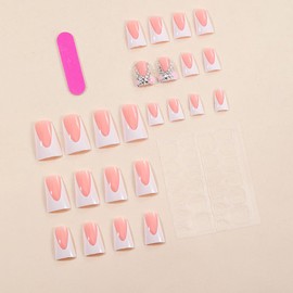 24Pcs White French Press on Nails Short Duck Fake Nails Nude False Nails Press ons with Pink Flower Rhinestones Designs Glossy Nail Tips Full Cover Acrylic Nails Cute Glue on Nails for Women