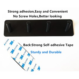 FULLINY Key Holder for Wall - Adhesive Key Hooks with 4 Hooks, Heavy Duty Stainless Steel, Black, No Screw Holes