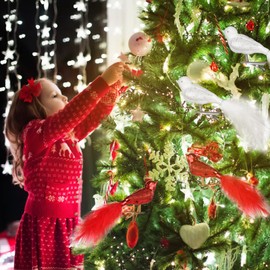 Christmas Tree Decorations Birds Glass, 4 Pieces Christmas Tree Decoration White and Red Bird with Feathers, UNOLIGA Cute Christmas Tree Decoration Artificial Glass Birds with Clip (2023 Improved