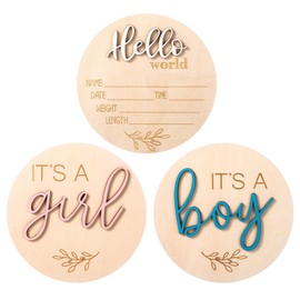 JIEYAO 3Pcs Newborn Announcement Sign, Gender Reveal Wooden Signs It's a Boy Girl & Hello World Baby Announcement for Nursery Decor Hospital Birth Photography Prop Boho Newborn Keepsake(Multicolor)