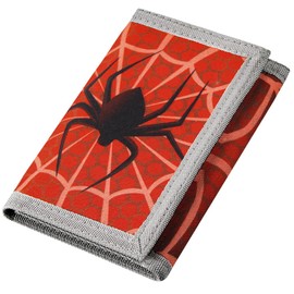 RFID Trifold Canvas Outdoor Sports Wallet for Men, Cute Coin Purse with Zipper and Front Pocket for Kids, Camouflage Color, Spiders Red, Small, Cartoon Style