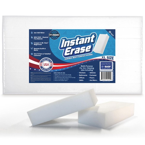 21 Pack Instant Erase XL Magic Cleaning Eraser Sponges - USA Converted and Packaged! Great for Bathtub, Floor Baseboard, and Walls. Genuine BASF Basotect Material - Multi-Surface Melamine Sponge Pads