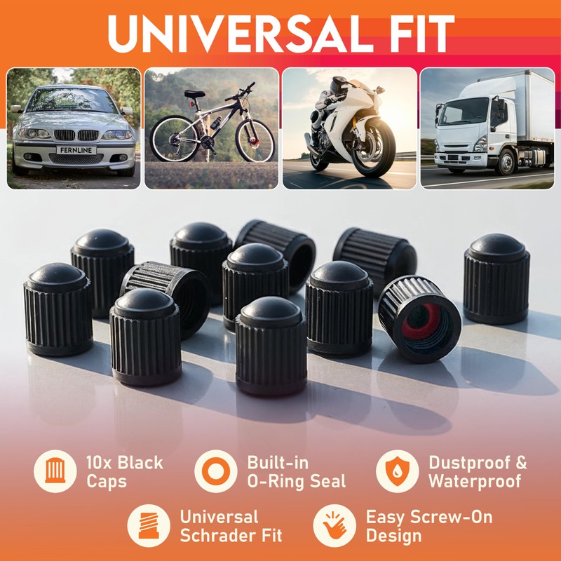 Fernline Tyre Valve Caps – 10 Pack Black Stem Covers