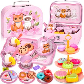 ZLPBAO 50-Piece Children's Tea Set with Kitten Suitcase, Tea Party Role Play Toy for Small Tea Service with Dessert Role Play Gift for Girls 3 4 5 6 7 Years