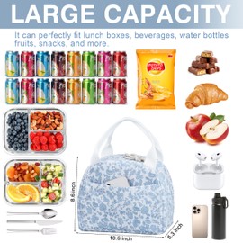 TESAFNG Lunch Bag - Insulated Lunch Box for Women, Reusable Large Capacity Cooler Bag for Adult, Small Leakproof Cute Corduroy Lunch Tote for Work Office Travel Picnic (Corduroy Blue-Flower)
