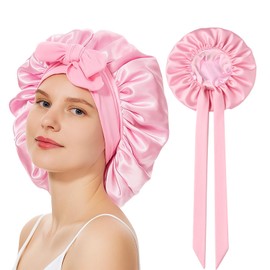 Seidenhaube zum Schlafen Maulbeerseide,Luxus Silk Bonnet Sleep Cap mit Verstellbarem Band, Satin Haarhaube für Locken Glatte Haare, Atmungsaktive Nachtmütze (Pink)