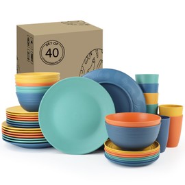 Perlapoc Wheat Straw Dinnerware Set - Service for 8 | Plates and Bowls Set |Unbreakable Dishes Set - Dinner Plates, Dessert Plates, Cereal Bowls, Drinking Glasses, Dishwasher Safe - Multi Color