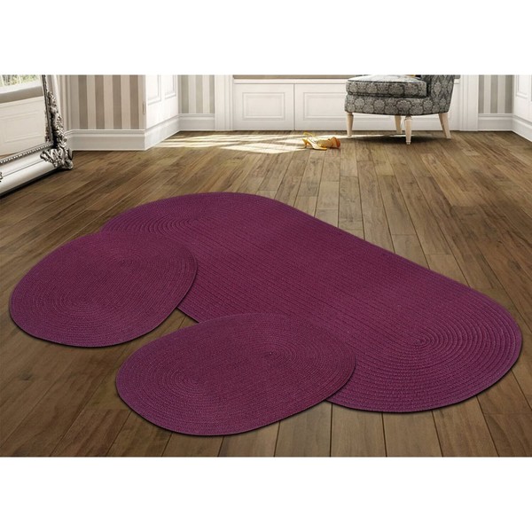 Better Trends Country Braid Collection 3 Piece Set Durable & Stain Resistant Reversible Indoor Oval Area Rug 100% Polypropylene in Vibrant Colors, 20"x30"/20"x30"/24"x72", Burgundy Solid