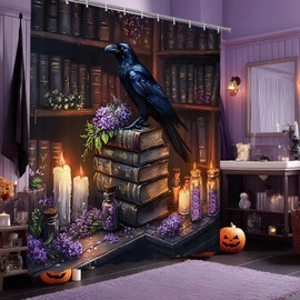 RJSMRJ Gothic Bookshelf Shower Curtain Raven Purple Floral Lavender Crow Vintage Antique Magic Bookworm Bookcase Reading Bathroom Curtains Set Polyester Fabric Hooks 70" W x 70" L