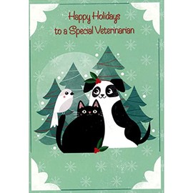 Designer Greetings Black and White Dog, Black Cat and Gray and White Bird Holiday Card for Veterinarian