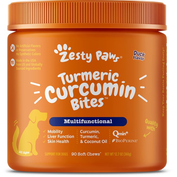 Zesty Paws Turmeric Curcumin for Dogs - for Hip & Joint Mobility Supports Canine Digestive Cardiovascular & Liver Health Coconut Oil for Skin Health with 95% Curcuminoids + BioPerine Duck, 90 Count