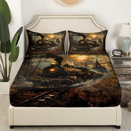 Train Kids Fitted Sheet Full Size,Retro Choochoo Steam Locomotive Train Bedding Set,Boys Girls Room Decor,Gothic Bell Tower Castle Bed Cover,Brown Bed Sheet,2 Pillowcases