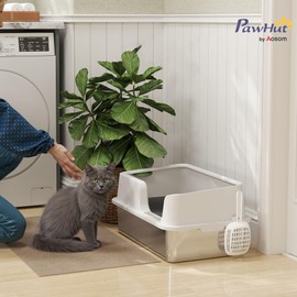 PawHut Stainless Steel Litter Box, XL Enclosed Cat Litter Box with High Side, Scoop, Easy Cleaning & Anti-Urine Leakage, Pet Toilet for Big Cats, Light Gray