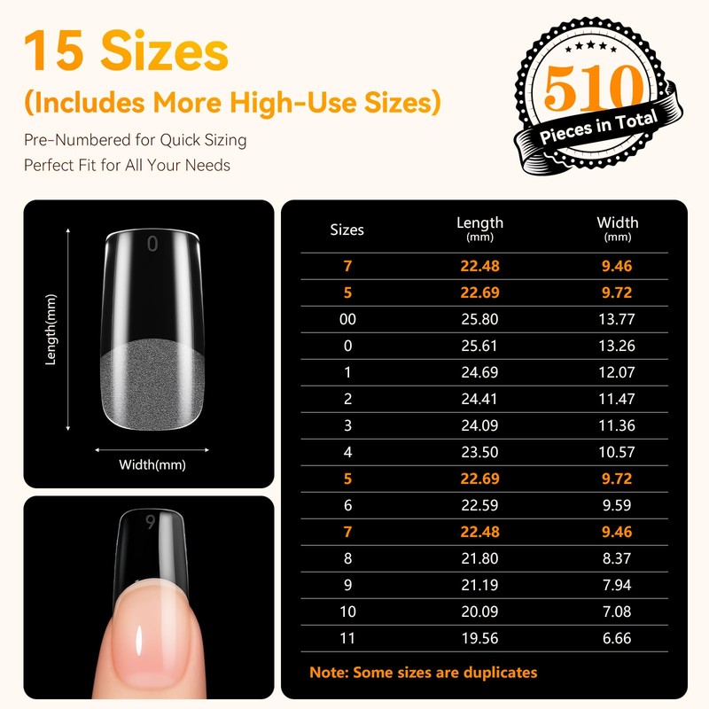 Makartt Medium Square Nail Tips: 510pcs 15 Sizes Pre-Shaped Full