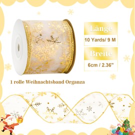 jijAcraft Organzaband Weihnachten 6cm Breit, Geschenkband mit Draht Gold, 10 Yards Schneeflocke Organzaband, Glitzer Weihnachtsband für Geschenkdeko, Kranz, Handwerk, WeihnachtsSchleifenherstellung