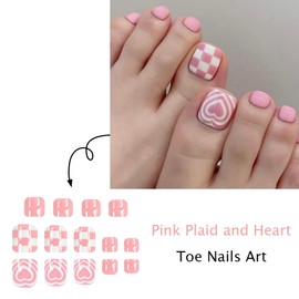 Pink Press on Toenails Short Square Fake Toenails with White Heart Design Chessboard Stick on Toenails Full Cover Pink Glue on Toenails Glossy Summer False Toe Nails for Women Girls Manicure 24Pcs