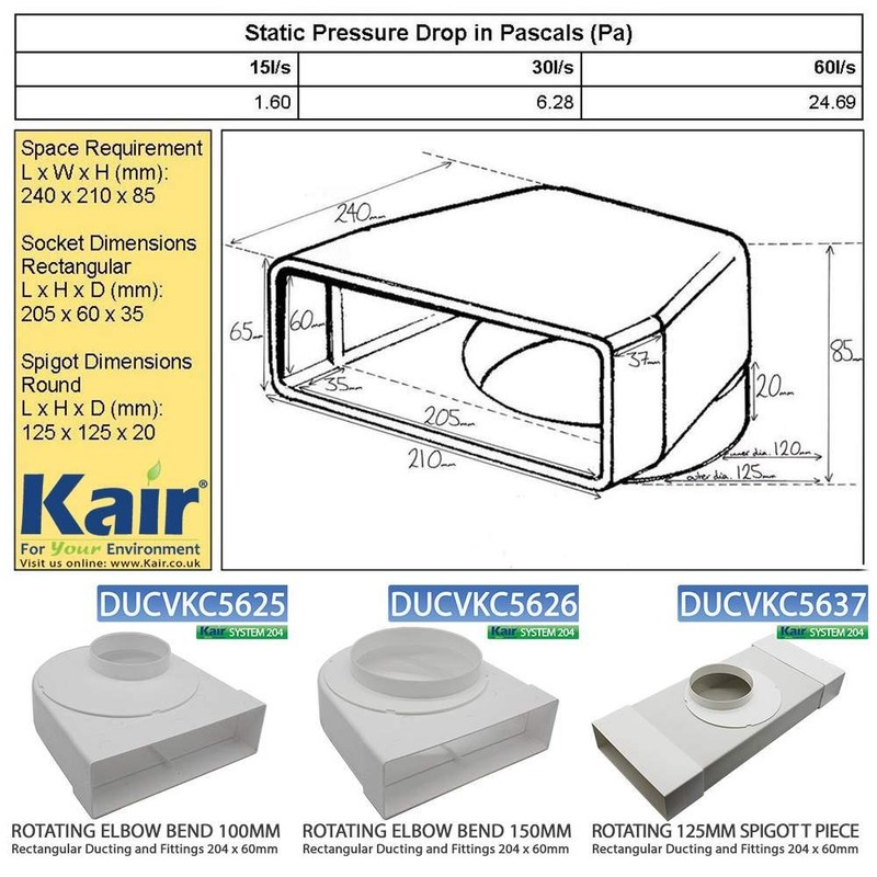 Kair Rotating Elbow Bend Adaptor 204mm x 60mm to 100mm