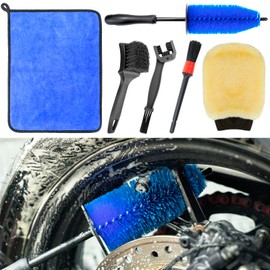 focopot Motorcycle Cleaning Kit 6 Pack with Easy Reach Brush,Tire Brush,Wool Wash Mitt,Chain Brush,Detailing Brush and Microfiber Towel for Cleaning Motorcycle Mudguard,Rims,Exhaust,Frame