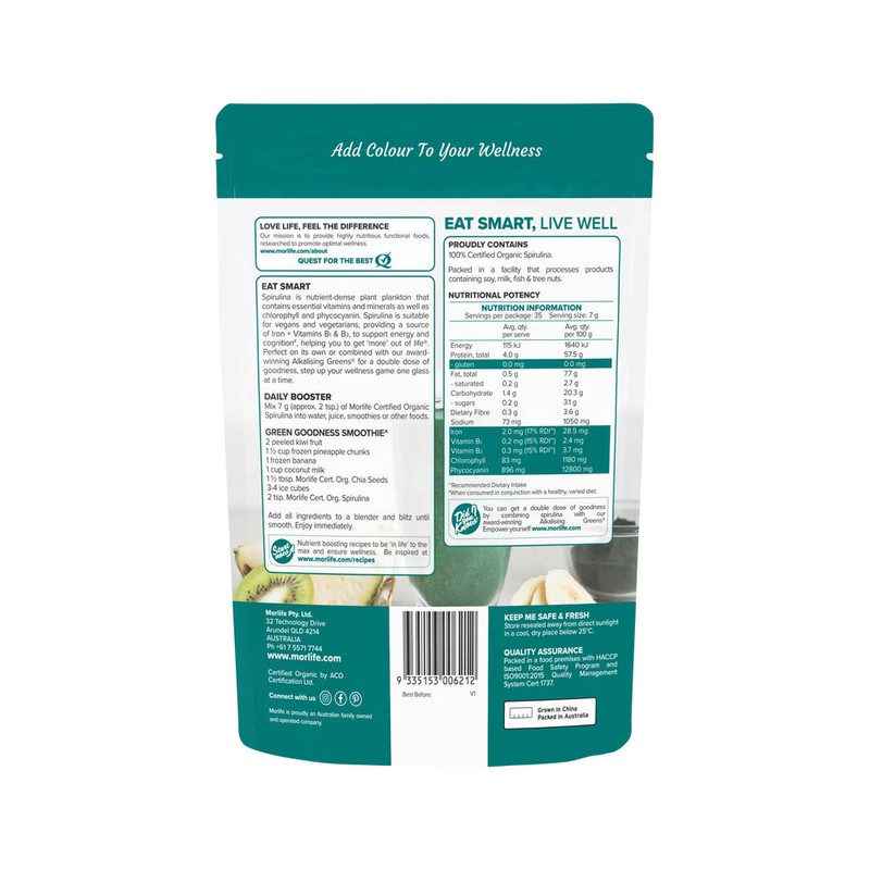 Morlife Spirulina Powder 250g Certified Organic