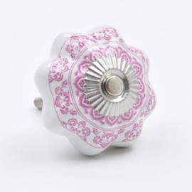 Pink Detailed Floral Pattern Ceramic Knob, Pull, Handle, for Cupboards, Doors, Cabinets, Drawers, Furniture, Kitchens (Plus Fitting Hardware) 4.3 cm Diameter 3.1 cm Rod Length