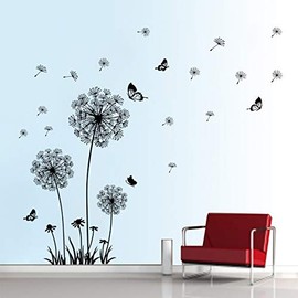 Decalmile - Calcomanías de pared de diente de león con flores voladoras, mariposas, pegatinas de pared de diente de león, arte de pared para sala de estar, recámara (negro)