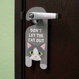 Grey Gray and White Cat Do Not Disturb Plastic Door Knob Hanger Sign - Don't let The cat Out