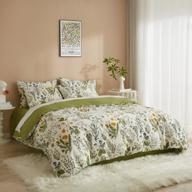 Luowei Floral Bed Linen 135 x 200 cm Cotton 2-Piece Duvet Cover White Green Bed Linen Sets 135 x 200 cm with 1 Pillowcase 80 x 80 cm Oeko-Tex Bed Linen Set with Zip