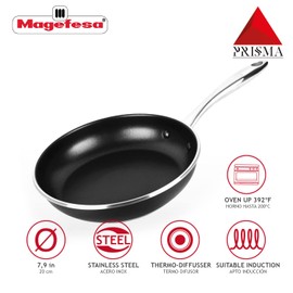 MAGEFESA Prisma – 7.9 inches Skillet, frying pan, made in 18/10 stainless steel, triple layer non-stick, for all types of kitchens, INDUCTION, dishwasher and oven safe up to 392ºF