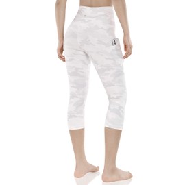 ODODOS Women's High Waisted Printed Yoga Capris with Pocket, Tummy Control Non See Through Workout Sports Running Athletic Capri Leggings, White Camo, Medium