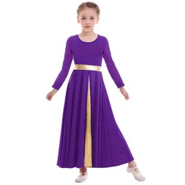 Z&X Girl's Praise Dance Full Length Wide Swing Long Sleeve Liturgical Worship Church Lyrical Dancewear Robe Skirt Dress, 08 Purple, Tag 140