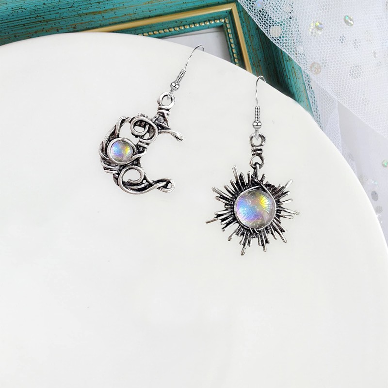 Vintage Boho Opal Sun and Moon Drop Dangle Earrings Moonstone