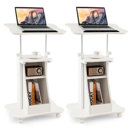 Tangkula Mobile Lectern Podium, Height Adjustable Podium Stand, Standing Desk Sit-to-Stand Desk, Rolling Desk Cart Stand Laptop Desk Cart with Swivel Top Movable Wheels & Storage