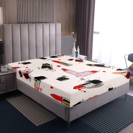 Girls Fashion Beauty Sheet Set Queen Size Lipstick Makeups Theme Bedding Set 4Pcs for Women Teens Room Decor Modern Black Red Pink Bed Sheet Soft Microfiber Fitted + Flat Sheet,2 Pillowcases