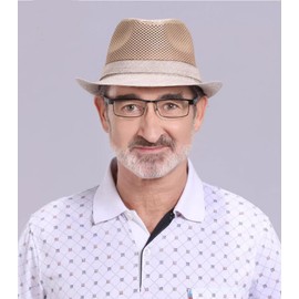 Men Straw Fedoras Summer Trilby Hat Vintage Mesh Panama Sun Hat Short Brim Beach Travel Hat British Jazz Hat Outdoor Bucket, Half Khaki, 6 3/4-7 1/4