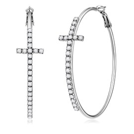 Elaximn Silver Cross Hoop Earrings for Women, Hypoallergenic Big Large Thin Lightweight CZ Rhinestone Cross, Minimalist Style Silver Hoops with Cubic Zirconia Trendy Jewelry