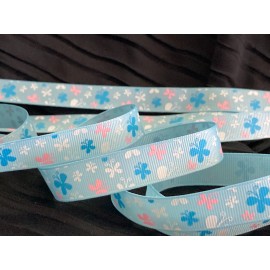 White 5/8" blue pink white BUTTERFLY on sky blue grosgrain RIBBON 1 yd party decor bow