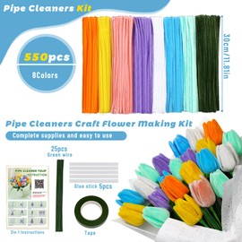 ZXIIXZ 550 Pcs Pipe Cleaners Craft, 8 Colors Pipe Cleaners Bulk Flower Kit, Chenille Stems Fuzzy Sticks Craft Supplies for Flower Making, Festival Home Art Decor