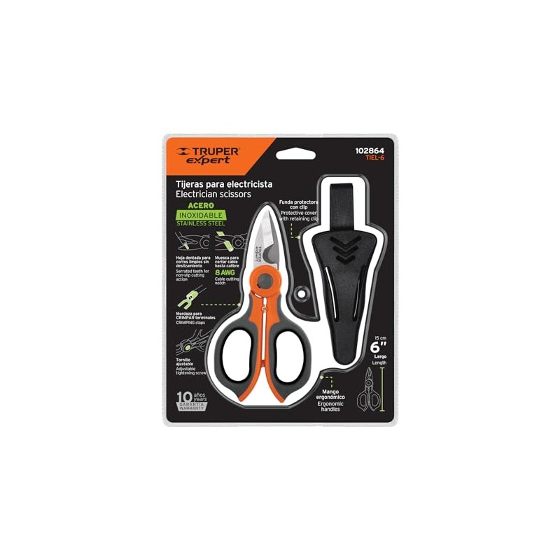 Truper Expert TIEL-6, Tijera 6" para electricista cortes limpios sin