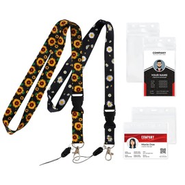 X-BLTU 2 Pcs Daisy Sunflower Lanyards with 4 Pcs Waterproof Card Holders, Clear Plastic ID Card Holder and Lanyard, Name Tag Badge Card Holder with Neck Lanyard for Women, Teachers, Students