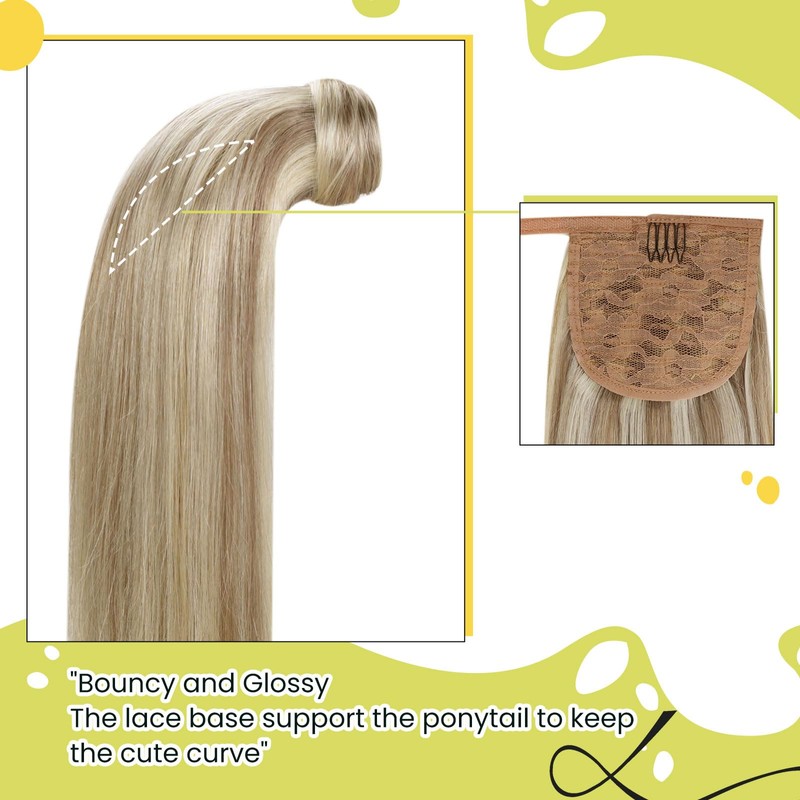 RUNATURE Ash Brown Human Hair Ponytail Extension 14 Inch Straight