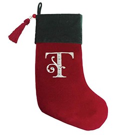 Christmas Stocking Red & Green Velvet With Tassel, Rhinestone Monogram T