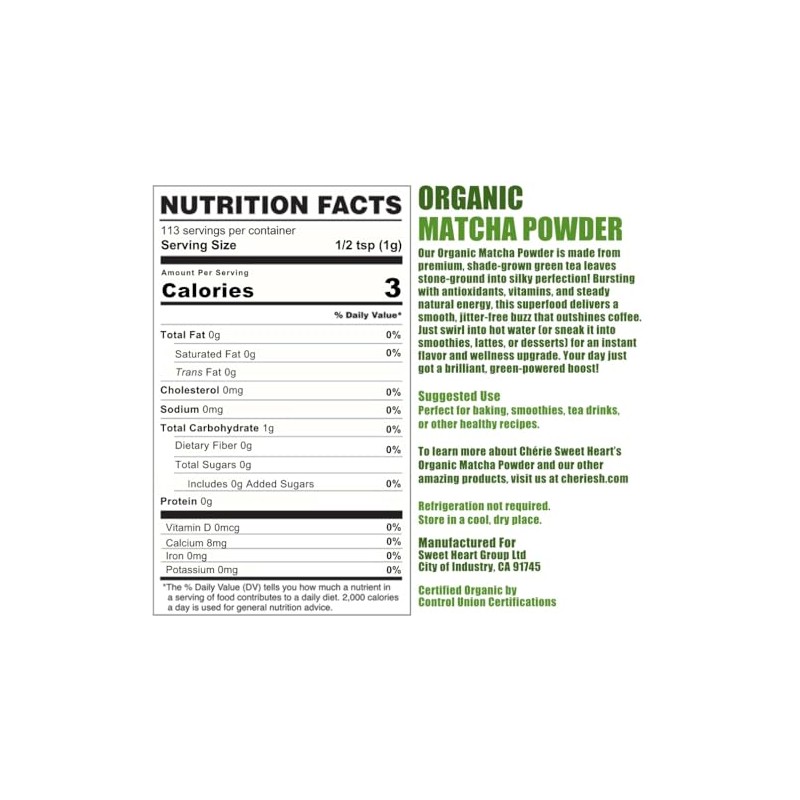 Chérie Sweet Heart Organic Matcha Green Tea Powder - Culinary