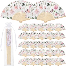 Memorywuu 50 Pcs Pink Floral Folding Hand Fan Bulk with Organza Bags Tea Party Favor Bulk for Guests Pink Rose Floral Decorative Folding Fan Foldable Handheld Paper Fans for Bridal Shower Wedding