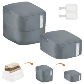 2-Pack Compression Packing Cubes with Window for Doona – Zipper Self-Compression Organiser Bags, Ultra Space-Saving Storage for Bedding Quilts, Blankets, Duvets, Clothes, and Puffer Jackets (Grey)
